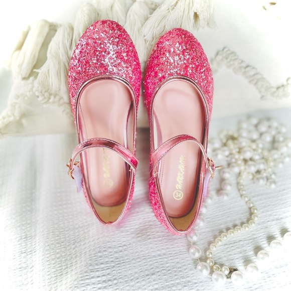 HANKAYOU | 34 / 5 | Girls’ Pink Glitter Low Heel Mary Jane Sparkle Shoe - Picture 13 of 13